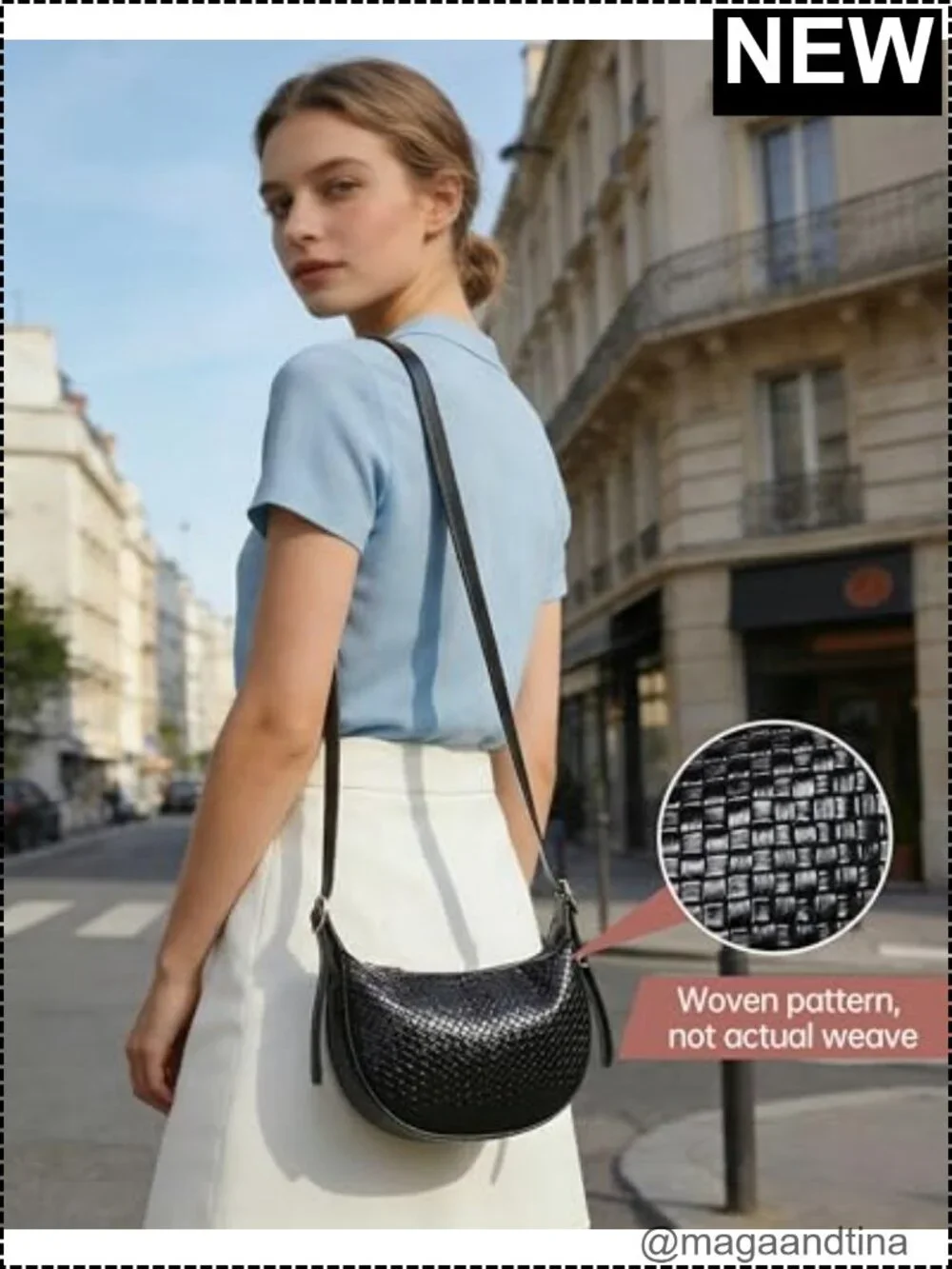 Woven Crescent Shoulder Bag 2PC Vegan Leather Hobo Crossbody Handbag
